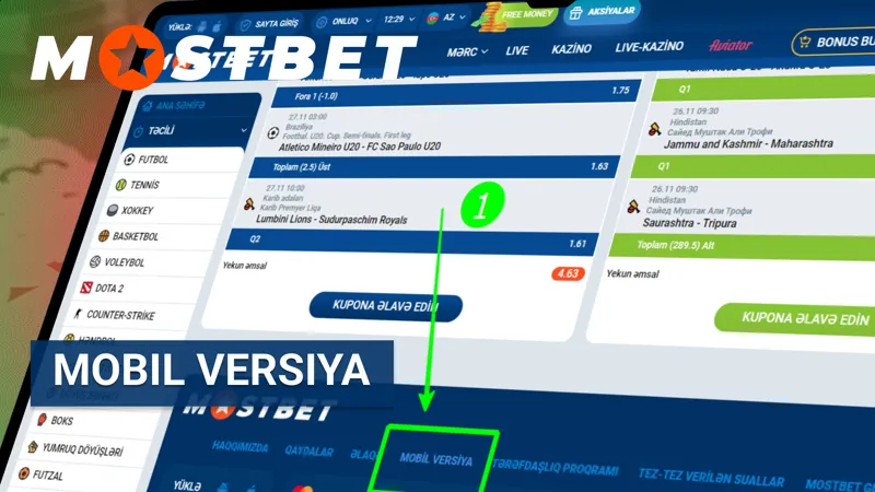 MostBet-in mobil versiyasının əsas ekran görüntüsü